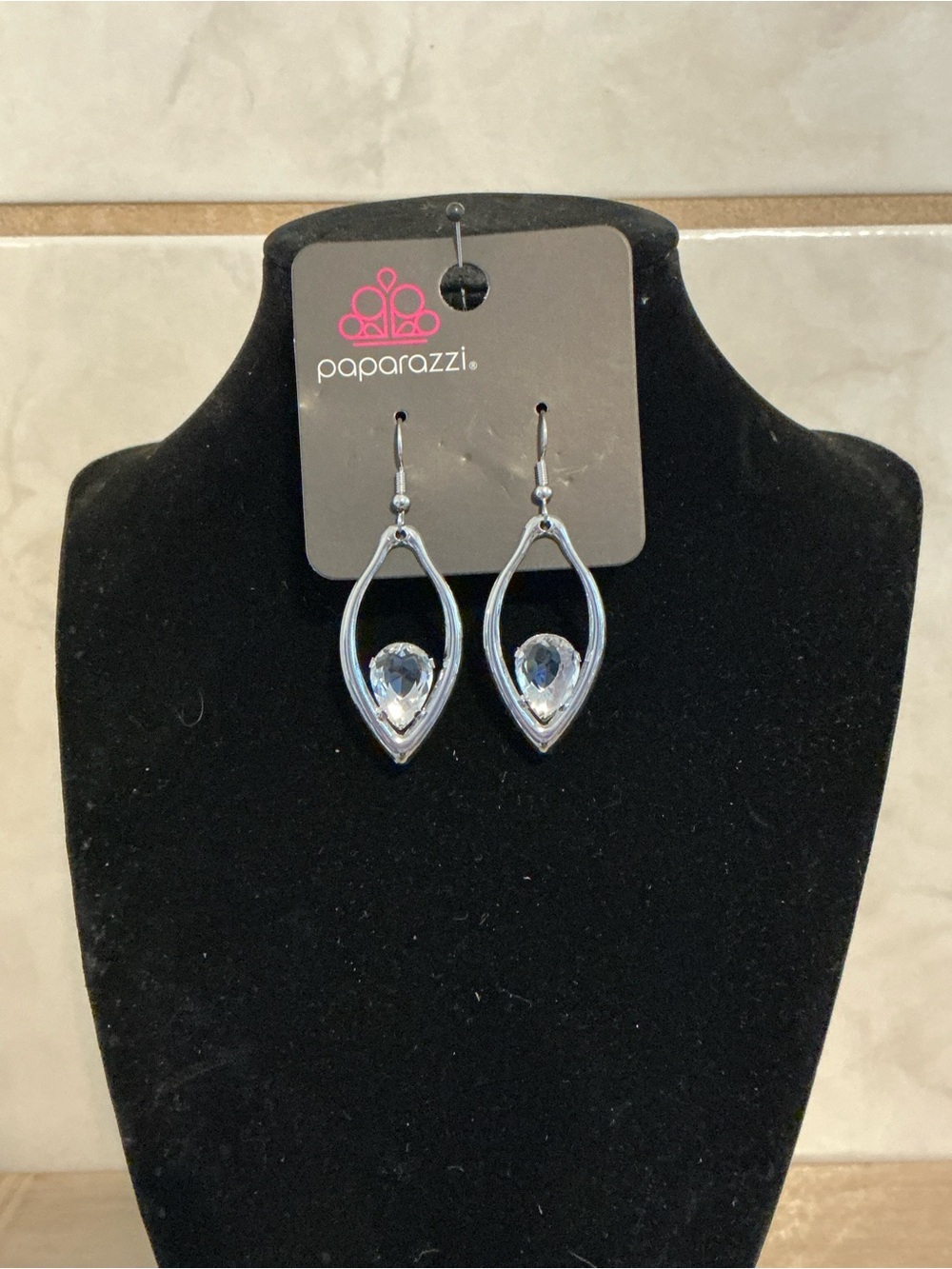 Paparazzi Silver Open Teardrop Earrings with Clear Crystal